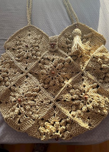 Nakışlı Bej Örgü Bohem Kadın Çanta - Görsel 2