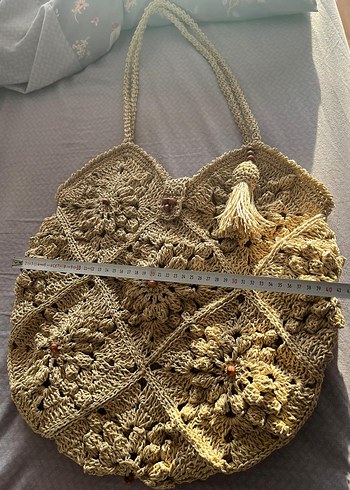 Nakışlı Bej Örgü Bohem Kadın Çanta - Görsel 4