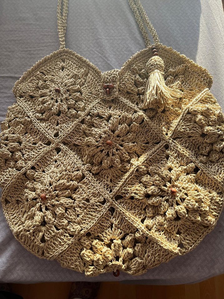 Nakışlı Bej Örgü Bohem Kadın Çanta - Görsel 2