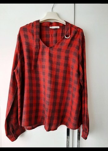 Kırmızı Ekoseli V Yaka Kadın Gömlek - Görsel 5