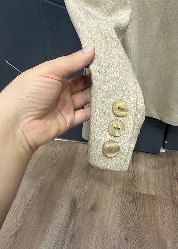 Bej Keten Kumaşlı Düğmeli Kadın Blazer Ceket - Görsel 6