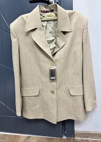 Bej Keten Kumaşlı Düğmeli Kadın Blazer Ceket - Görsel 2