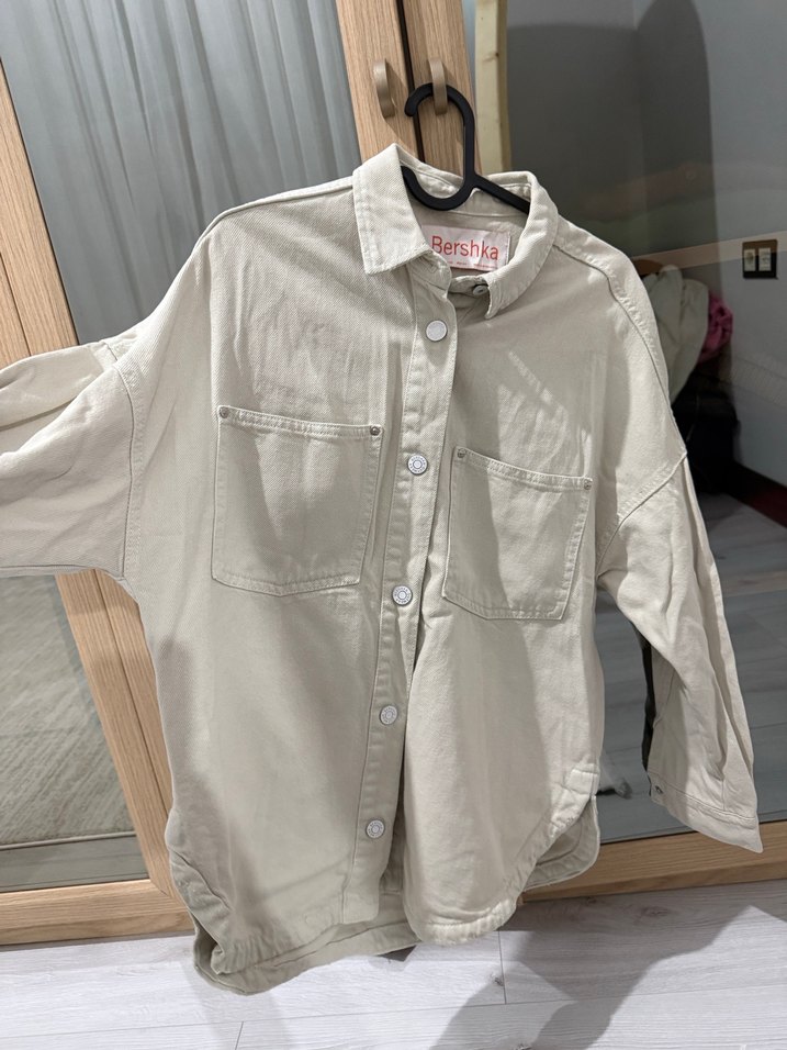 Bershka Gri Düğmeli Kadın jean ceket Gömlek - Görsel 4