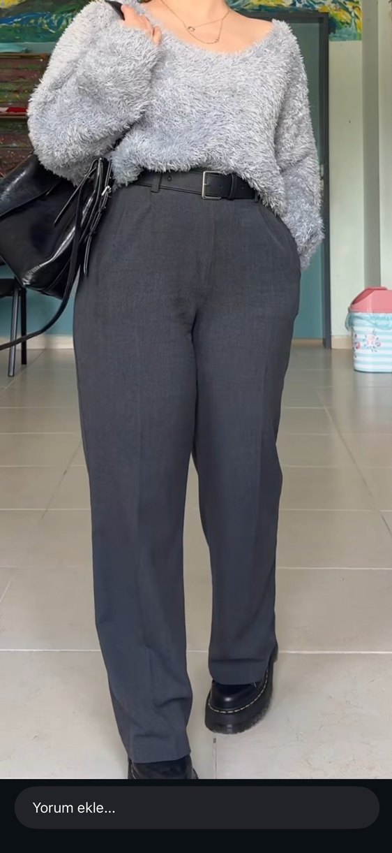 Gri Kadın Regular Fit Düz Kesim Pantolon mathilda gri kumaş pant - Görsel 2