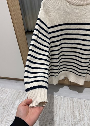 Çizgili Beyaz Gri Kadın Triko Kazak - Görsel 4