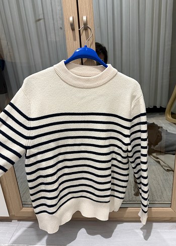 Çizgili Beyaz Gri Kadın Triko Kazak - Görsel 3