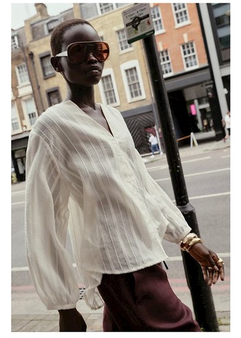 Beyaz Düğmeli Uzun Kollu Keten Kadın Gömlek zara - Görsel 3