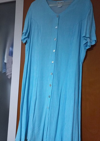 Düğmeli Mavi Uzun Kadın Elbise - Görsel 2