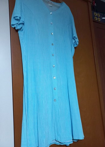 Düğmeli Mavi Uzun Kadın Elbise - Görsel 3