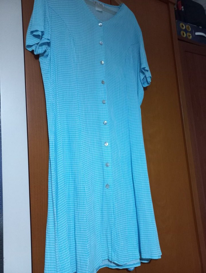 Düğmeli Mavi Uzun Kadın Elbise - Görsel 3