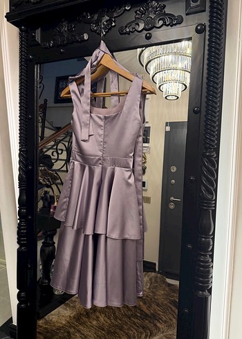 Uzun Askılı Mor Drapeli Abiye Elbise - Görsel 4