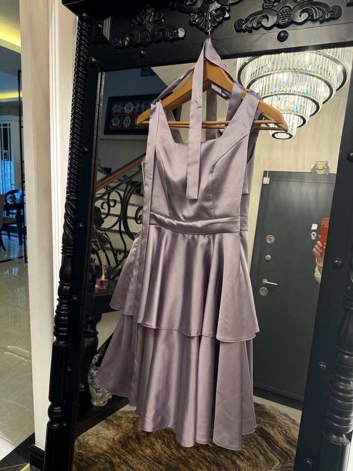 Uzun Askılı Mor Drapeli Abiye Elbise - Görsel 3