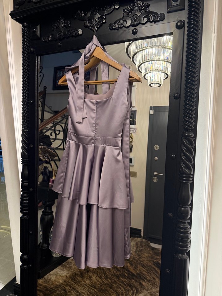 Uzun Askılı Mor Drapeli Abiye Elbise - Görsel 4