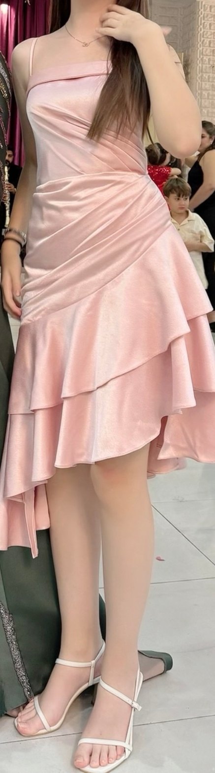 Pudra Pembe Straplez Uzun Abiye Elbise - Görsel 4