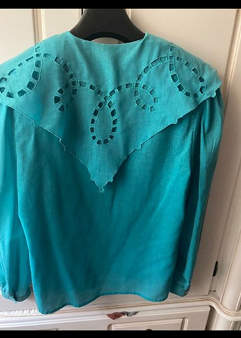 Turkuaz Düğmeli Uzun Kollu Keten Gömlek - Görsel 2