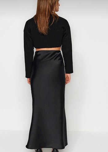 Siyah Balık Kesim Saten Maxi Boy Dokuma Etek - Görsel 3