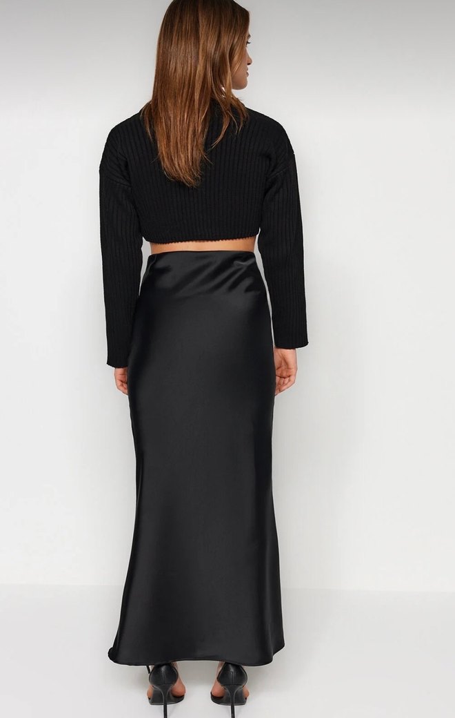Siyah Balık Kesim Saten Maxi Boy Dokuma Etek - Görsel 3