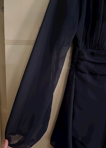 Lacivert Boğazlı Drape Detaylı Elbise - Görsel 5