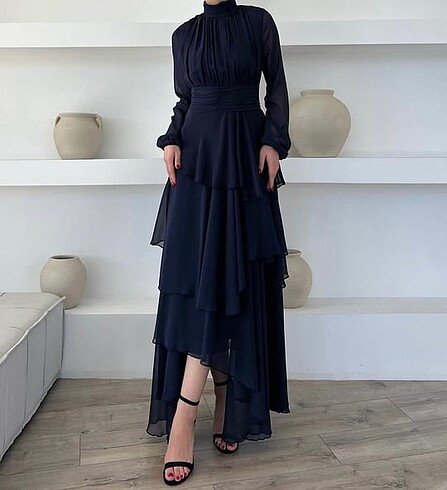 Lacivert Boğazlı Drape Detaylı Elbise