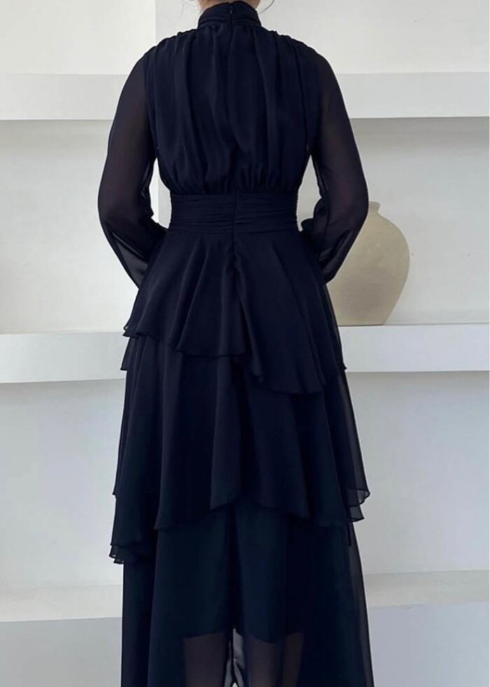 Lacivert Boğazlı Drape Detaylı Elbise - Görsel 3