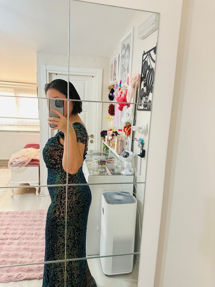 Parlak Renkli, Transparan uzun Abiye Elbise - Görsel 3