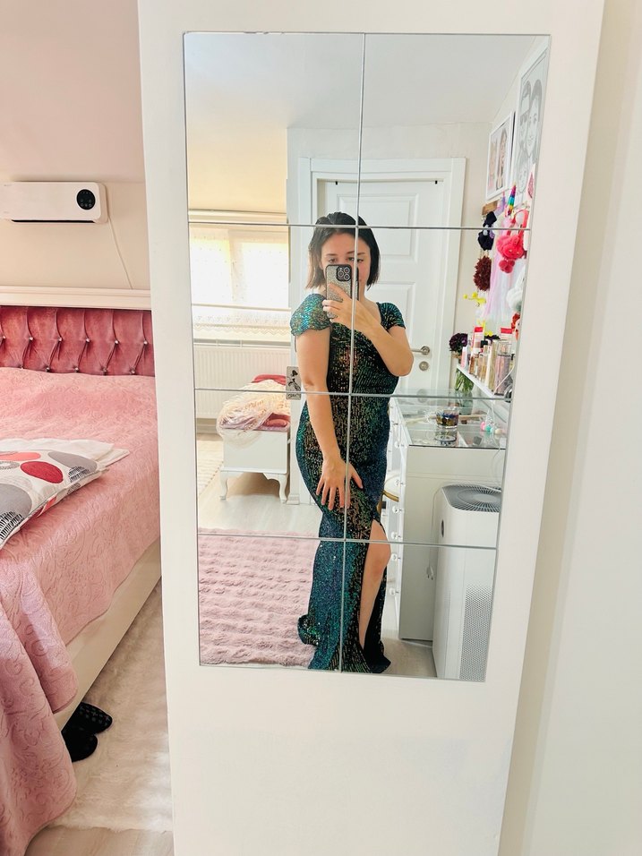 Parlak Renkli, Transparan uzun Abiye Elbise - Görsel 5