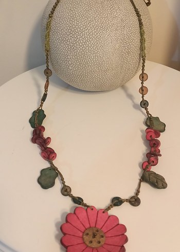 Pembe Çiçekli Bohem Uzun Boncuklu Kolye - Görsel 3