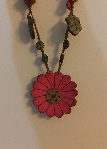 Pembe Çiçekli Bohem Uzun Boncuklu Kolye - Görsel 2