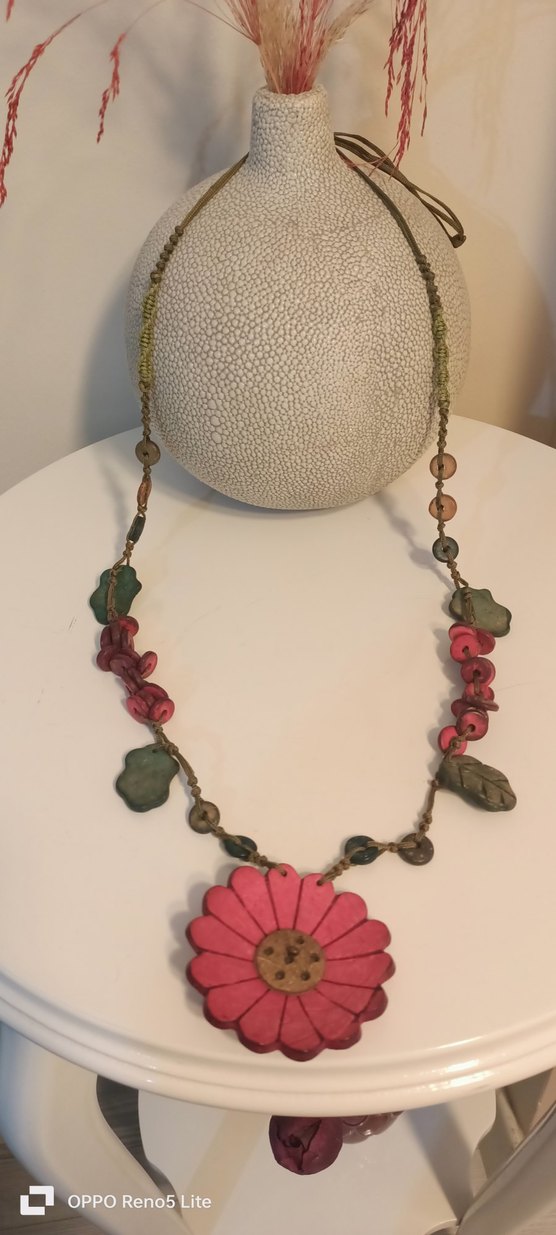 Pembe Çiçekli Bohem Uzun Boncuklu Kolye - Görsel 3