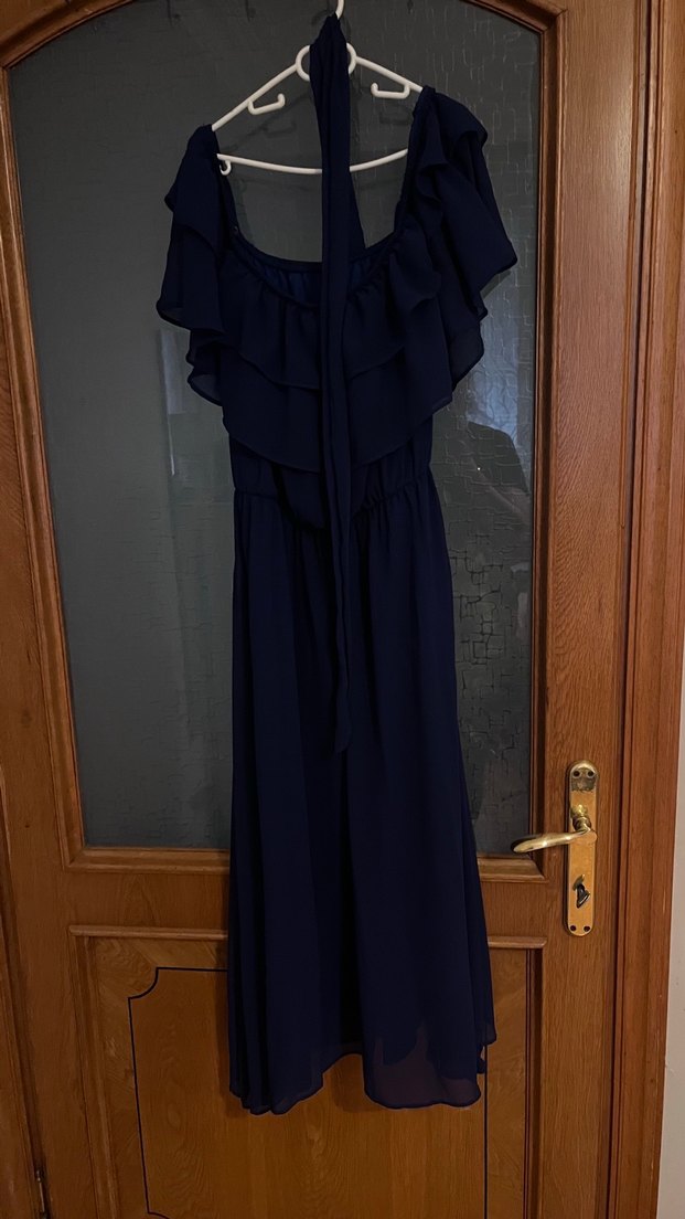 Lacivert Kolları Lastikli Ayarlanabilir Uzun Elbise - Görsel 2