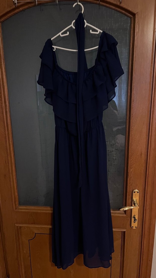 Lacivert Kolları Lastikli Ayarlanabilir Uzun Elbise - Görsel 3