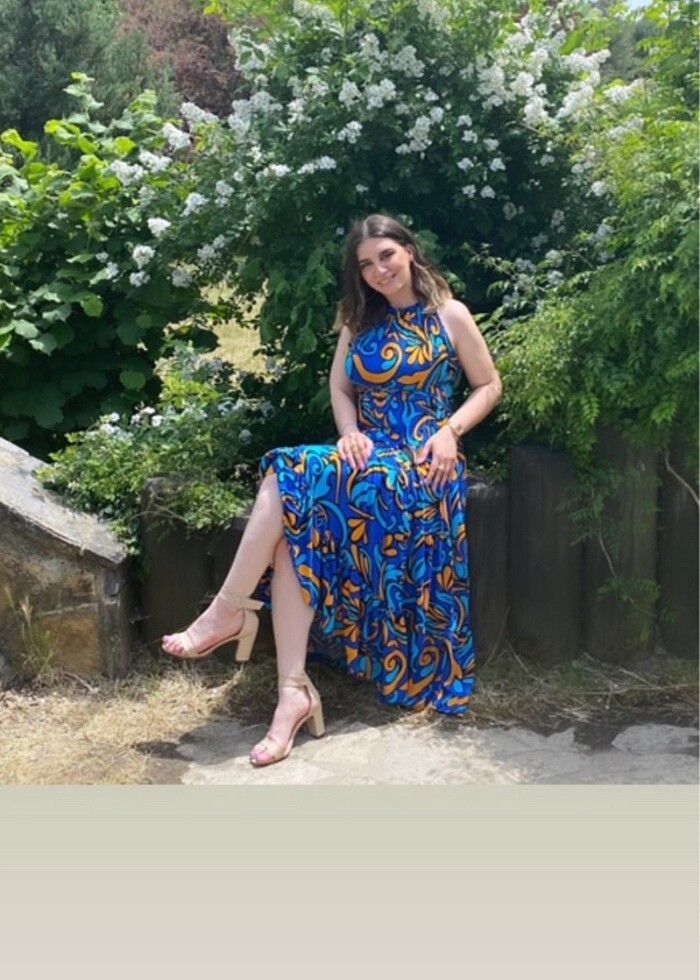 RENKLİ ÖNDEN BAĞLAMALI UZUN ELBİSE - Görsel 3