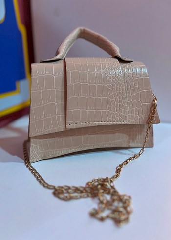 Bej Deri Yılan Desenli Zincir Detaylı Çanta - Görsel 7