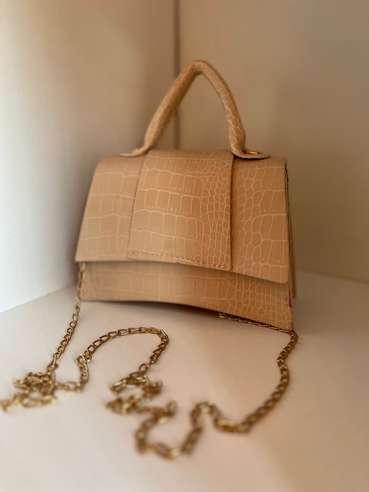 Bej Deri Yılan Desenli Zincir Askılı Kadın Çanta - Görsel 3