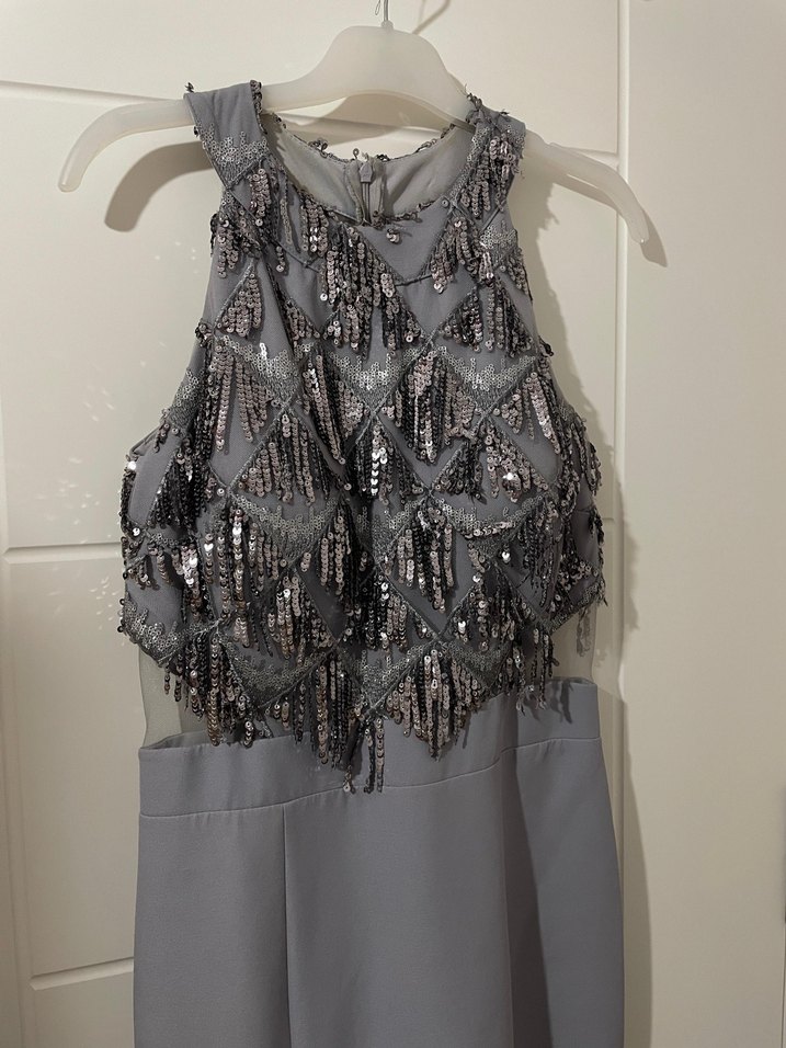 Gri Halter Yaka Detaylı Uzun Abiye Elbise - Görsel 5