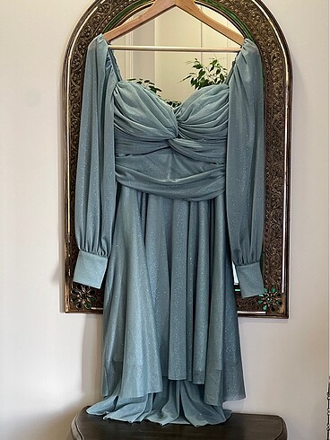 Simli turkuaz mavi abiye elbise