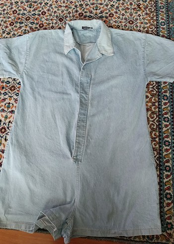 Kemerli Mavi Denim mini tulum ovarsize kesim - Görsel 3