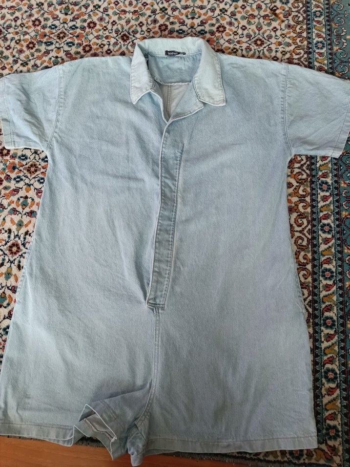 Kemerli Mavi Denim mini tulum ovarsize kesim - Görsel 3