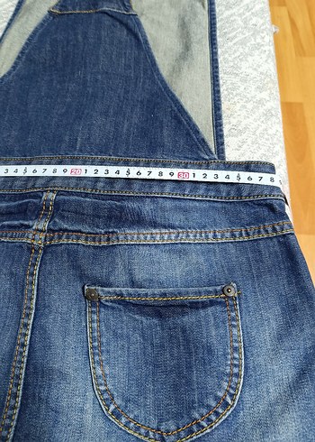 Kadın Mavi Denim Kemerli Mini Salopet - Görsel 5