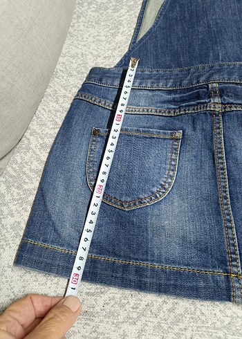 Kadın Mavi Denim Kemerli Mini Salopet - Görsel 4