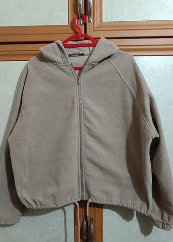 Bej Fermuarlı Kadın Sweatshirt Kapüşonlu