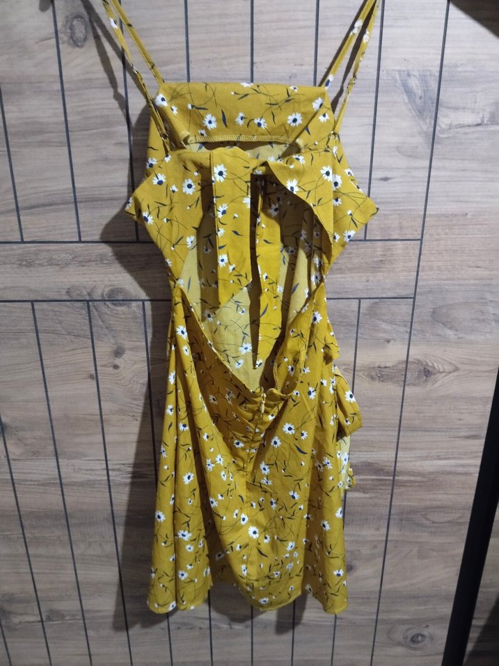 Sarı Çiçek Desenli  Mini Elbise - Görsel 3