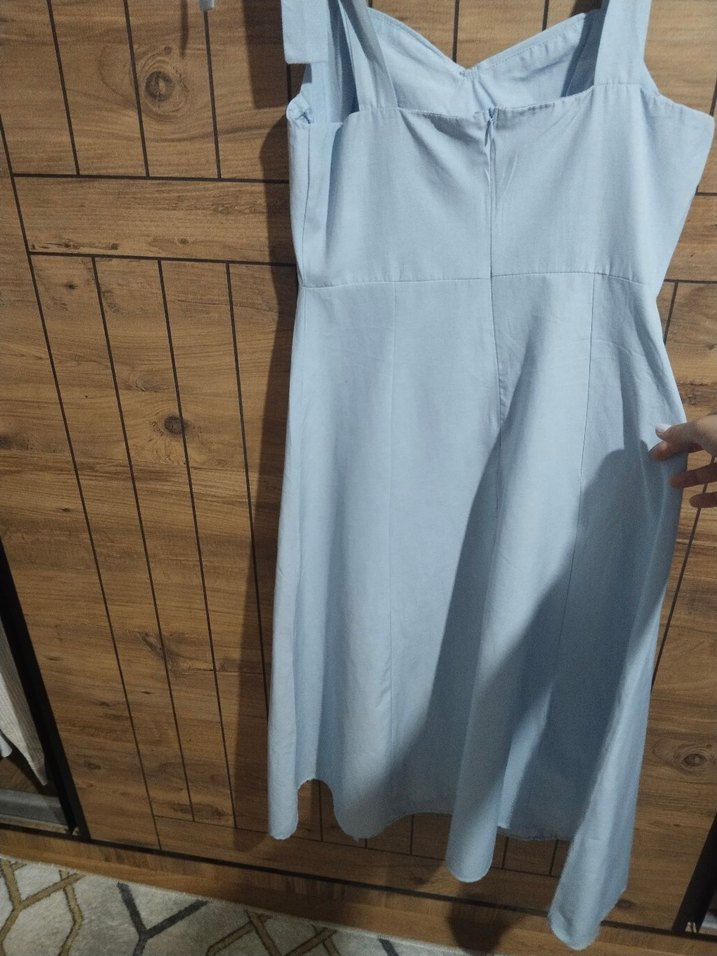 mavi askı bağlamalı midi elbise - Görsel 4