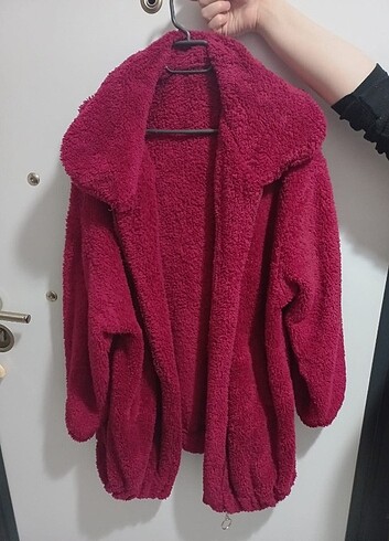 Mürdüm renk peluş uzun mont