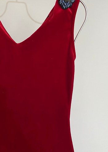 Kırmızı V Yaka Midi Elbise - Görsel 2
