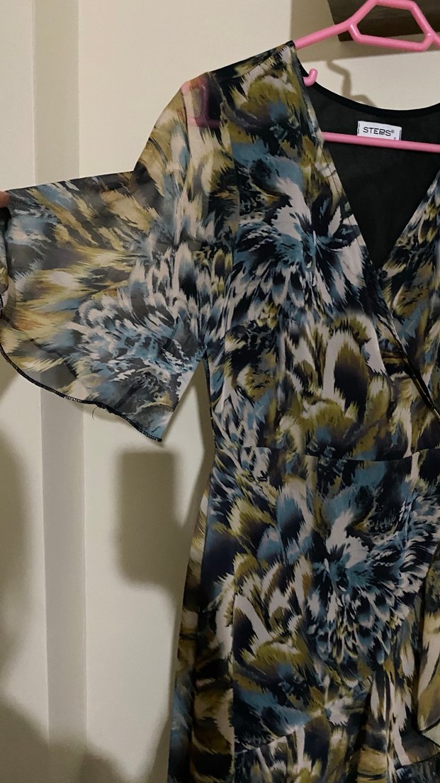 Kadın Çok Renkli Uzun V Yaka Fırfırlı Elbise - Görsel 2