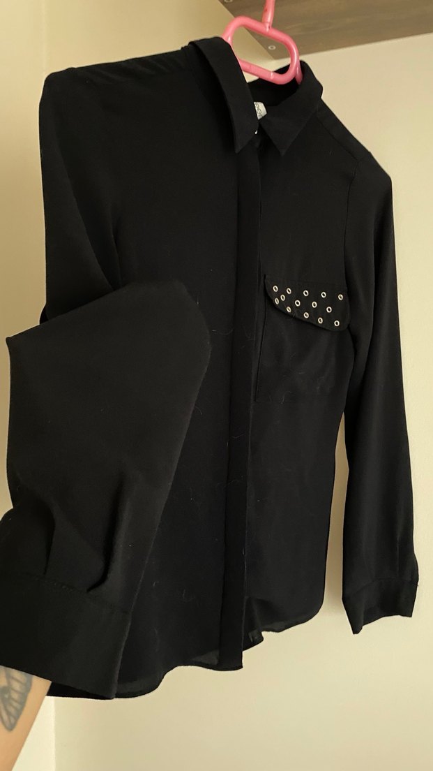 Düğmeli Siyah Uzun Kollu Kadın Gömlek - Görsel 3