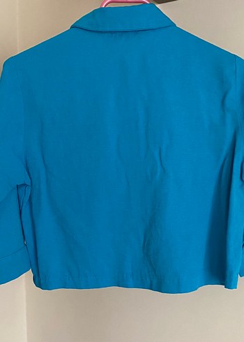 Düğmeli Mavi Kadın Keten Gömlek - Görsel 3