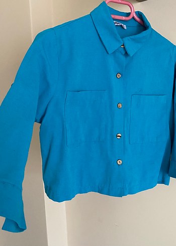 Düğmeli Mavi Kadın Keten Gömlek - Görsel 2
