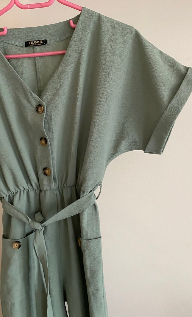 Düğmeli V Yaka  Kadın Tulum - Görsel 3